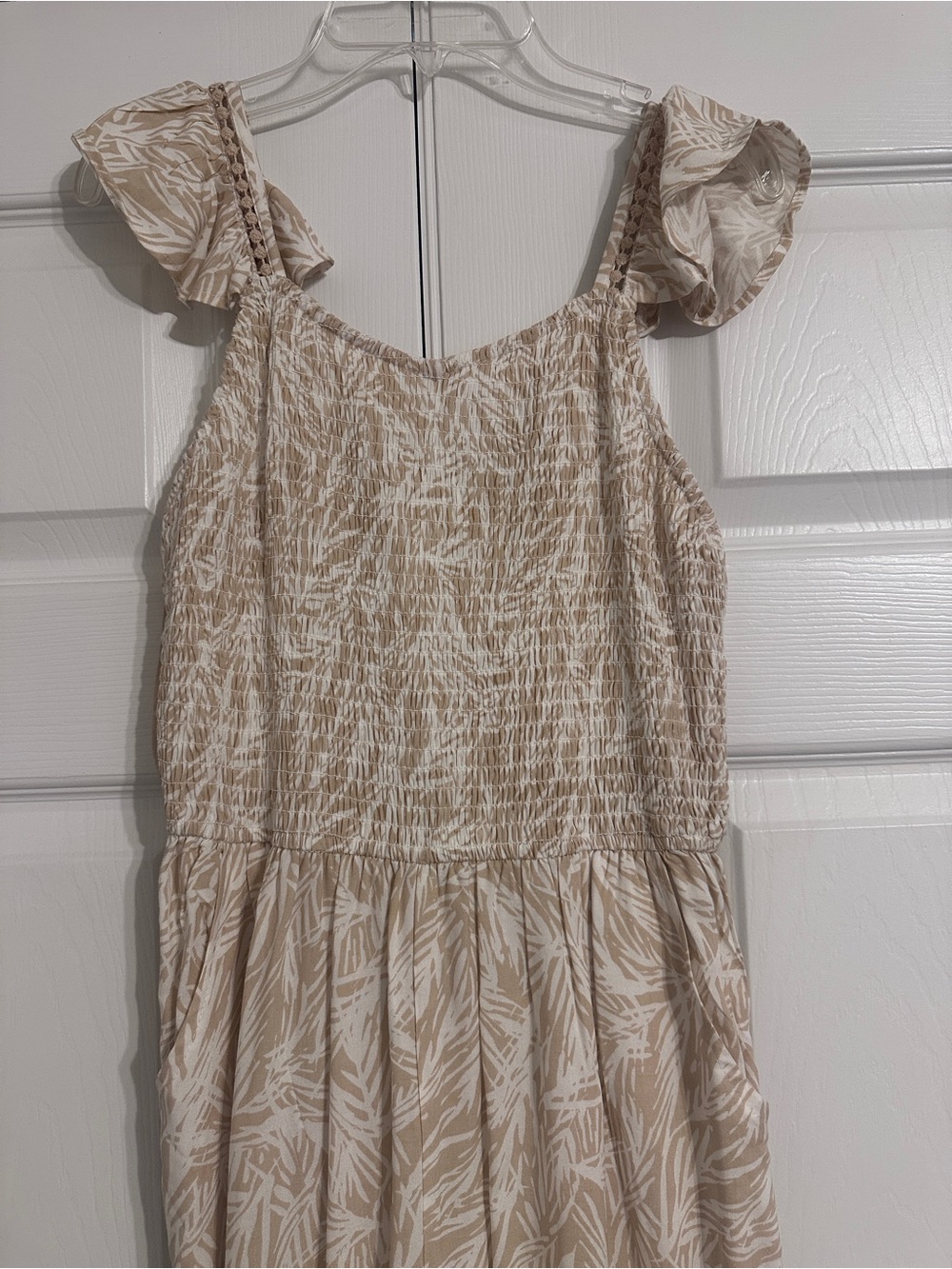 Beige and White Smocked Floral Jumpsuit with Ruffle Straps sz XS